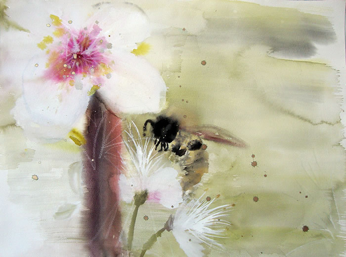 watercolor, Bee Pollinating Apple Tree by Cara Enteles
