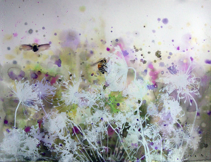 watercolor, Pollinating Wild Flowers by Cara Enteles